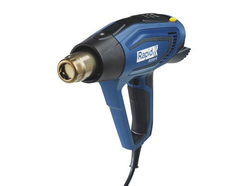 The Rapid R2200-E Hot Air Gun has a powerful ceramic heater providing a short heating time, increasing working efficiency. Working temperatures can be varied between 60°C and 650°C. Ideal for removing paint, soft welding or car coverings requiring a heat gun you can rely on.Fitted with a soft grip handle and handle protection for high comfort, there is also a rubber base providing a stable desk bench position, a residual heat indicator to enable safe handling after use and LED lights to guide airflow and temperature settings.Supplied in a carry case, includes a handy user guide.Specifications:Input Power: 2,200W.Temperature Settings: 60-650°C.Airflow: 250-500 L/min.