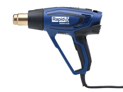 The Rapid R2200-LCD Hot Air Gun has an LCD screen to allow for accurate temperature setting in increments of 10°C, from 50°C up to 650°C. This level of precision allows for effective use for the most demanding tasks on a wide variety of materials while reducing the risk of damage.Reaches the desired operating temperature quickly, optimising working efficiency. Overheating protection and a residual heat indicator enable safe handling after use, whilst LED lights guide to airflow and temperature settings. A highly stable base for desk or workbench operation and ergonomic, soft grip handles make the gun easy and comfortable to use.Supplied in a handy protective storage and transport case which includes a Quick Start Guide which helps you use the tool correctly.Specifications:Input Power: 2,200W.Temperature Settings: 50-650°C.Airflow: 250-500 L/min.