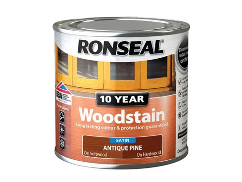 Ronseal 10 Year Woodstain offers the best protection against the weather, leaving your wood looking great for 10 years. You don't need to use any base coats or primers. It won't flake or peel. BBA approved.Suitable for all smooth planed exterior wood. Not suitable for decking.Specification:Drying Time: 1 hourCoverage: 18m² per litreThis Ronseal 10 Year Woodstain has the following specification:Colour: Antique PineSize: 250mlDrying Time: 1 hourCoverage: 18m²/L