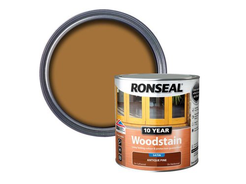 Ronseal 10 Year Woodstain offers the best protection against the weather, leaving your wood looking great for 10 years. You don't need to use any base coats or primers. It won't flake or peel. BBA approved.Suitable for all smooth planed exterior wood. Not suitable for decking.Specification:Drying Time: 1 hourCoverage: 18m² per litreThis Ronseal 10 Year Woodstain has the following specification:Colour: Antique PineSize: 2.5LDrying Time: 1 hourCoverage: 18m²/L
