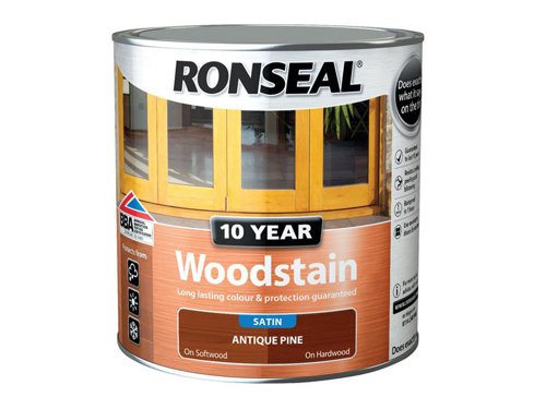 Ronseal 10 Year Woodstain offers the best protection against the weather, leaving your wood looking great for 10 years. You don't need to use any base coats or primers. It won't flake or peel. BBA approved.Suitable for all smooth planed exterior wood. Not suitable for decking.Specification:Drying Time: 1 hourCoverage: 18m² per litreThis Ronseal 10 Year Woodstain has the following specification:Colour: Antique PineSize: 2.5LDrying Time: 1 hourCoverage: 18m²/L