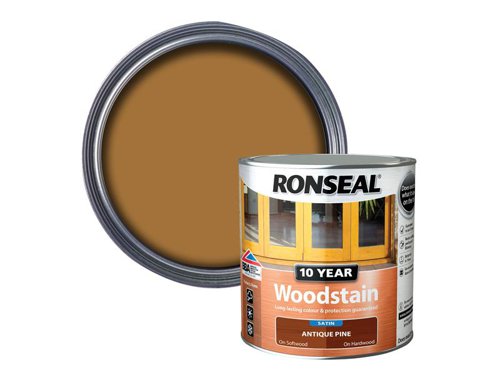 Ronseal 10 Year Woodstain offers the best protection against the weather, leaving your wood looking great for 10 years. You don't need to use any base coats or primers. It won't flake or peel. BBA approved.Suitable for all smooth planed exterior wood. Not suitable for decking.Specification:Drying Time: 1 hourCoverage: 18m² per litreThis Ronseal 10 Year Woodstain has the following specification:Colour: Antique PineSize: 750mlDrying Time: 1 hourCoverage: 18m²/L