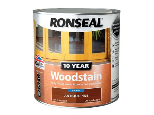 Ronseal 10 Year Woodstain offers the best protection against the weather, leaving your wood looking great for 10 years. You don't need to use any base coats or primers. It won't flake or peel. BBA approved.Suitable for all smooth planed exterior wood. Not suitable for decking.Specification:Drying Time: 1 hourCoverage: 18m² per litreThis Ronseal 10 Year Woodstain has the following specification:Colour: Antique PineSize: 750mlDrying Time: 1 hourCoverage: 18m²/L