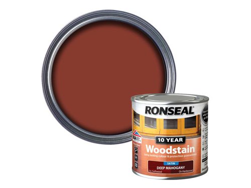 Ronseal 10 Year Woodstain offers the best protection against the weather, leaving your wood looking great for 10 years. You don't need to use any base coats or primers. It won't flake or peel. BBA approved.Suitable for all smooth planed exterior wood. Not suitable for decking.Specification:Drying Time: 1 hourCoverage: 18m² per litreThis Ronseal 10 Year Woodstain has the following specification:Colour: Deep MahoganySize: 250mlDrying Time: 1 hourCoverage: 18m²/L