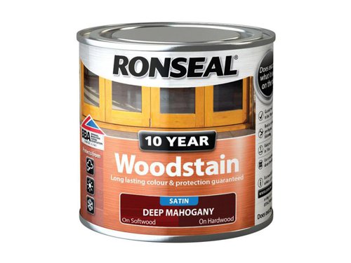 Ronseal 10 Year Woodstain offers the best protection against the weather, leaving your wood looking great for 10 years. You don't need to use any base coats or primers. It won't flake or peel. BBA approved.Suitable for all smooth planed exterior wood. Not suitable for decking.Specification:Drying Time: 1 hourCoverage: 18m² per litreThis Ronseal 10 Year Woodstain has the following specification:Colour: Deep MahoganySize: 250mlDrying Time: 1 hourCoverage: 18m²/L