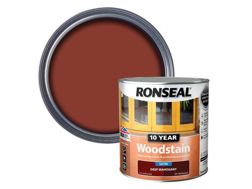 Ronseal 10 Year Woodstain offers the best protection against the weather, leaving your wood looking great for 10 years. You don't need to use any base coats or primers. It won't flake or peel. BBA approved.Suitable for all smooth planed exterior wood. Not suitable for decking.Specification:Drying Time: 1 hourCoverage: 18m² per litreThis Ronseal 10 Year Woodstain has the following specification:Colour: Deep MahoganySize: 2.5LDrying Time: 1 hourCoverage: 18m²/L