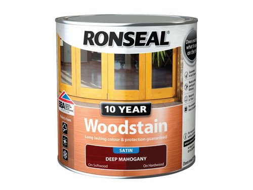 Ronseal 10 Year Woodstain offers the best protection against the weather, leaving your wood looking great for 10 years. You don't need to use any base coats or primers. It won't flake or peel. BBA approved.Suitable for all smooth planed exterior wood. Not suitable for decking.Specification:Drying Time: 1 hourCoverage: 18m² per litreThis Ronseal 10 Year Woodstain has the following specification:Colour: Deep MahoganySize: 2.5LDrying Time: 1 hourCoverage: 18m²/L