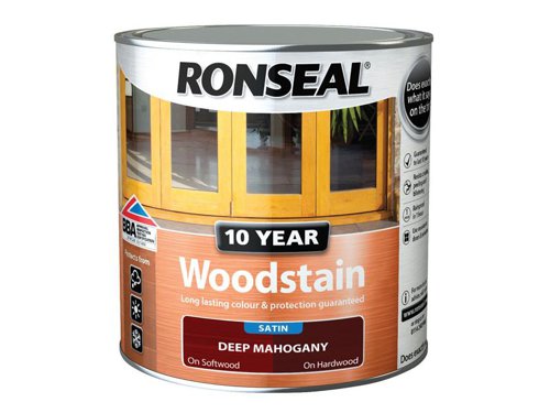 Ronseal 10 Year Woodstain offers the best protection against the weather, leaving your wood looking great for 10 years. You don't need to use any base coats or primers. It won't flake or peel. BBA approved.Suitable for all smooth planed exterior wood. Not suitable for decking.Specification:Drying Time: 1 hourCoverage: 18m² per litreThis Ronseal 10 Year Woodstain has the following specification:Colour: Deep MahoganySize: 750mlDrying Time: 1 hourCoverage: 18m²/L