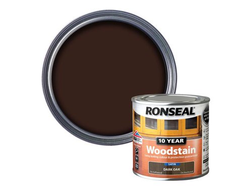Ronseal 10 Year Woodstain offers the best protection against the weather, leaving your wood looking great for 10 years. You don't need to use any base coats or primers. It won't flake or peel. BBA approved.Suitable for all smooth planed exterior wood. Not suitable for decking.Specification:Drying Time: 1 hourCoverage: 18m² per litreThis Ronseal 10 Year Woodstain has the following specification:Colour: Dark OakSize: 250mlDrying Time: 1 hourCoverage: 18m²/L