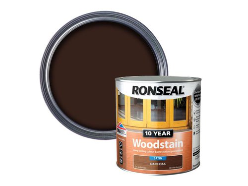 Ronseal 10 Year Woodstain offers the best protection against the weather, leaving your wood looking great for 10 years. You don't need to use any base coats or primers. It won't flake or peel. BBA approved.Suitable for all smooth planed exterior wood. Not suitable for decking.Specification:Drying Time: 1 hourCoverage: 18m² per litreThis Ronseal 10 Year Woodstain has the following specification:Colour: Dark OakSize: 2.5LDrying Time: 1 hourCoverage: 18m²/L