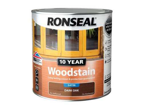 Ronseal 10 Year Woodstain offers the best protection against the weather, leaving your wood looking great for 10 years. You don't need to use any base coats or primers. It won't flake or peel. BBA approved.Suitable for all smooth planed exterior wood. Not suitable for decking.Specification:Drying Time: 1 hourCoverage: 18m² per litreThis Ronseal 10 Year Woodstain has the following specification:Colour: Dark OakSize: 2.5LDrying Time: 1 hourCoverage: 18m²/L