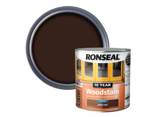 Ronseal 10 Year Woodstain offers the best protection against the weather, leaving your wood looking great for 10 years. You don't need to use any base coats or primers. It won't flake or peel. BBA approved.Suitable for all smooth planed exterior wood. Not suitable for decking.Specification:Drying Time: 1 hourCoverage: 18m² per litreThis Ronseal 10 Year Woodstain has the following specification:Colour: Dark OakSize: 750mlDrying Time: 1 hourCoverage: 18m²/L
