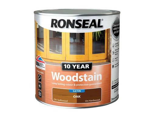 Ronseal 10 Year Woodstain offers the best protection against the weather, leaving your wood looking great for 10 years. You don't need to use any base coats or primers. It won't flake or peel. BBA approved.Suitable for all smooth planed exterior wood. Not suitable for decking.Specification:Drying Time: 1 hourCoverage: 18m² per litreThis Ronseal 10 Year Woodstain has the following specification:Colour: Dark OakSize: 750mlDrying Time: 1 hourCoverage: 18m²/L