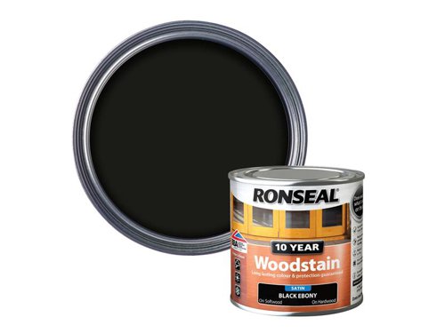 Ronseal 10 Year Woodstain offers the best protection against the weather, leaving your wood looking great for 10 years. You don't need to use any base coats or primers. It won't flake or peel. BBA approved.Suitable for all smooth planed exterior wood. Not suitable for decking.Specification:Drying Time: 1 hourCoverage: 18m² per litreThis Ronseal 10 Year Woodstain has the following specification:Colour: EbonySize: 250mlDrying Time: 1 hourCoverage: 18m²/L