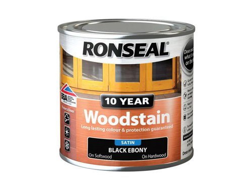 Ronseal 10 Year Woodstain offers the best protection against the weather, leaving your wood looking great for 10 years. You don't need to use any base coats or primers. It won't flake or peel. BBA approved.Suitable for all smooth planed exterior wood. Not suitable for decking.Specification:Drying Time: 1 hourCoverage: 18m² per litreThis Ronseal 10 Year Woodstain has the following specification:Colour: EbonySize: 250mlDrying Time: 1 hourCoverage: 18m²/L