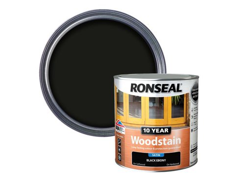 Ronseal 10 Year Woodstain offers the best protection against the weather, leaving your wood looking great for 10 years. You don't need to use any base coats or primers. It won't flake or peel. BBA approved.Suitable for all smooth planed exterior wood. Not suitable for decking.Specification:Drying Time: 1 hourCoverage: 18m² per litreThis Ronseal 10 Year Woodstain has the following specification:Colour: EbonySize: 2.5LDrying Time: 1 hourCoverage: 18m²/L