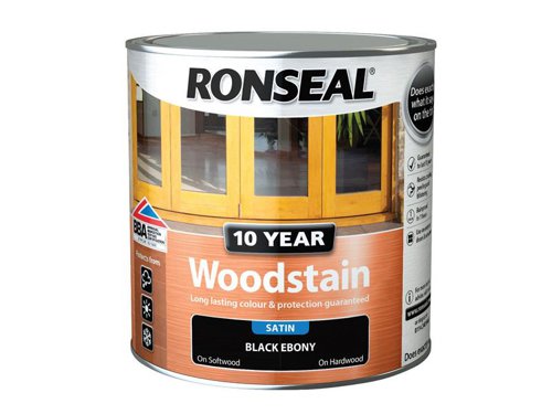 Ronseal 10 Year Woodstain offers the best protection against the weather, leaving your wood looking great for 10 years. You don't need to use any base coats or primers. It won't flake or peel. BBA approved.Suitable for all smooth planed exterior wood. Not suitable for decking.Specification:Drying Time: 1 hourCoverage: 18m² per litreThis Ronseal 10 Year Woodstain has the following specification:Colour: EbonySize: 2.5LDrying Time: 1 hourCoverage: 18m²/L