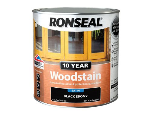 Ronseal 10 Year Woodstain offers the best protection against the weather, leaving your wood looking great for 10 years. You don't need to use any base coats or primers. It won't flake or peel. BBA approved.Suitable for all smooth planed exterior wood. Not suitable for decking.Specification:Drying Time: 1 hourCoverage: 18m² per litreThis Ronseal 10 Year Woodstain has the following specification:Colour: EbonySize: 750mlDrying Time: 1 hourCoverage: 18m²/L