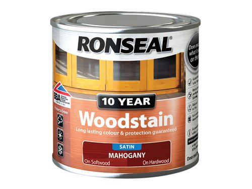 Ronseal 10 Year Woodstain offers the best protection against the weather, leaving your wood looking great for 10 years. You don't need to use any base coats or primers. It won't flake or peel. BBA approved.Suitable for all smooth planed exterior wood. Not suitable for decking.Specification:Drying Time: 1 hourCoverage: 18m² per litreThis Ronseal 10 Year Woodstain has the following specification:Colour: MahoganySize: 250mlDrying Time: 1 hourCoverage: 18m²/L
