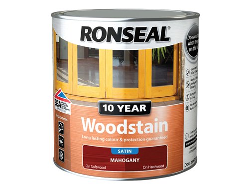 Ronseal 10 Year Woodstain offers the best protection against the weather, leaving your wood looking great for 10 years. You don't need to use any base coats or primers. It won't flake or peel. BBA approved.Suitable for all smooth planed exterior wood. Not suitable for decking.Specification:Drying Time: 1 hourCoverage: 18m² per litreThis Ronseal 10 Year Woodstain has the following specification:Colour: MahoganySize: 2.5LDrying Time: 1 hourCoverage: 18m²/L