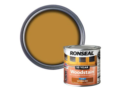 Ronseal 10 Year Woodstain offers the best protection against the weather, leaving your wood looking great for 10 years. You don't need to use any base coats or primers. It won't flake or peel. BBA approved.Suitable for all smooth planed exterior wood. Not suitable for decking.Specification:Drying Time: 1 hourCoverage: 18m² per litreThis Ronseal 10 Year Woodstain has the following specification:Colour: Natural OakSize: 250mlDrying Time: 1 hourCoverage: 18m²/L