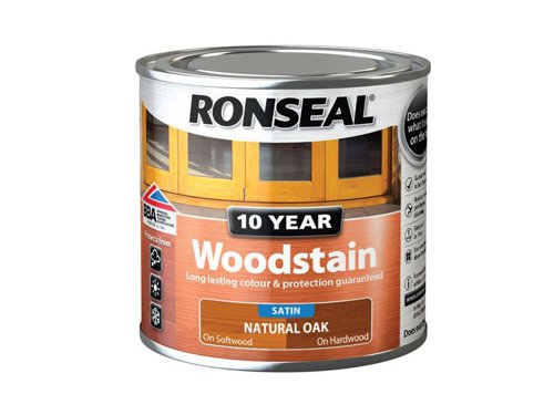 Ronseal 10 Year Woodstain offers the best protection against the weather, leaving your wood looking great for 10 years. You don't need to use any base coats or primers. It won't flake or peel. BBA approved.Suitable for all smooth planed exterior wood. Not suitable for decking.Specification:Drying Time: 1 hourCoverage: 18m² per litreThis Ronseal 10 Year Woodstain has the following specification:Colour: Natural OakSize: 250mlDrying Time: 1 hourCoverage: 18m²/L