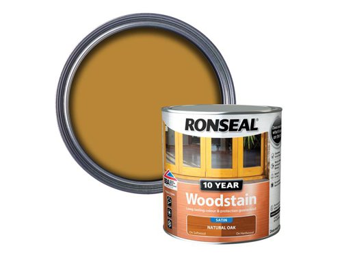 Ronseal 10 Year Woodstain offers the best protection against the weather, leaving your wood looking great for 10 years. You don't need to use any base coats or primers. It won't flake or peel. BBA approved.Suitable for all smooth planed exterior wood. Not suitable for decking.Specification:Drying Time: 1 hourCoverage: 18m² per litreThis Ronseal 10 Year Woodstain has the following specification:Colour: Natural OakSize: 2.5LDrying Time: 1 hourCoverage: 18m²/L