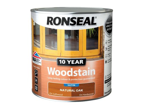 Ronseal 10 Year Woodstain offers the best protection against the weather, leaving your wood looking great for 10 years. You don't need to use any base coats or primers. It won't flake or peel. BBA approved.Suitable for all smooth planed exterior wood. Not suitable for decking.Specification:Drying Time: 1 hourCoverage: 18m² per litreThis Ronseal 10 Year Woodstain has the following specification:Colour: Natural OakSize: 750mlDrying Time: 1 hourCoverage: 18m²/L