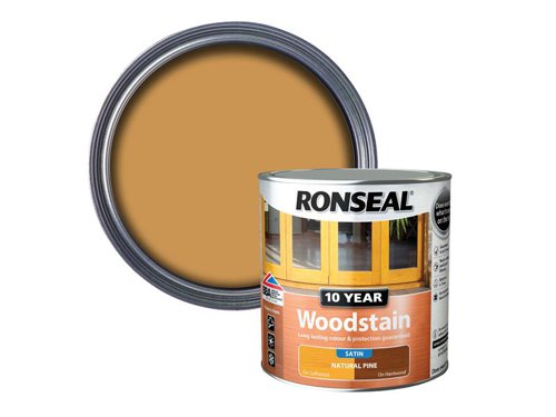 Ronseal 10 Year Woodstain offers the best protection against the weather, leaving your wood looking great for 10 years. You don't need to use any base coats or primers. It won't flake or peel. BBA approved.Suitable for all smooth planed exterior wood. Not suitable for decking.Specification:Drying Time: 1 hourCoverage: 18m² per litreThis Ronseal 10 Year Woodstain has the following specification:Colour: Natural PineSize: 2.5LDrying Time: 1 hourCoverage: 18m²/L