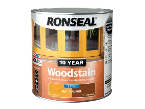 Ronseal 10 Year Woodstain offers the best protection against the weather, leaving your wood looking great for 10 years. You don't need to use any base coats or primers. It won't flake or peel. BBA approved.Suitable for all smooth planed exterior wood. Not suitable for decking.Specification:Drying Time: 1 hourCoverage: 18m² per litreThis Ronseal 10 Year Woodstain has the following specification:Colour: Natural PineSize: 2.5LDrying Time: 1 hourCoverage: 18m²/L