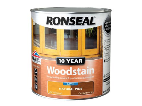 Ronseal 10 Year Woodstain offers the best protection against the weather, leaving your wood looking great for 10 years. You don't need to use any base coats or primers. It won't flake or peel. BBA approved.Suitable for all smooth planed exterior wood. Not suitable for decking.Specification:Drying Time: 1 hourCoverage: 18m² per litreThis Ronseal 10 Year Woodstain has the following specification:Colour: Natural PineSize: 750mlDrying Time: 1 hourCoverage: 18m²/L