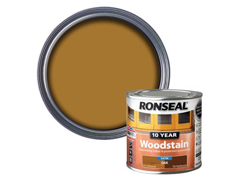 Ronseal 10 Year Woodstain offers the best protection against the weather, leaving your wood looking great for 10 years. You don't need to use any base coats or primers. It won't flake or peel. BBA approved.Suitable for all smooth planed exterior wood. Not suitable for decking.Specification:Drying Time: 1 hourCoverage: 18m² per litreThis Ronseal 10 Year Woodstain has the following specification:Colour: OakSize: 250mlDrying Time: 1 hourCoverage: 18m²/L