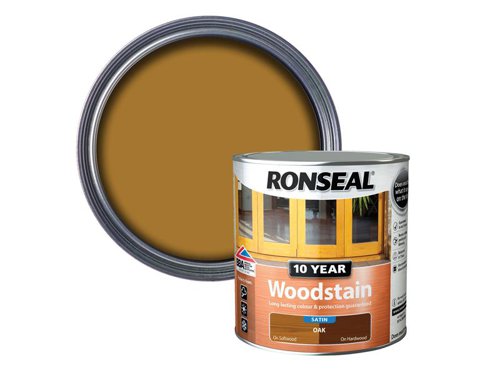 Ronseal 10 Year Woodstain offers the best protection against the weather, leaving your wood looking great for 10 years. You don't need to use any base coats or primers. It won't flake or peel. BBA approved.Suitable for all smooth planed exterior wood. Not suitable for decking.Specification:Drying Time: 1 hourCoverage: 18m² per litreThis Ronseal 10 Year Woodstain has the following specification:Colour: OakSize: 2.5LDrying Time: 1 hourCoverage: 18m²/L