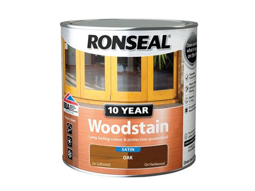 Ronseal 10 Year Woodstain offers the best protection against the weather, leaving your wood looking great for 10 years. You don't need to use any base coats or primers. It won't flake or peel. BBA approved.Suitable for all smooth planed exterior wood. Not suitable for decking.Specification:Drying Time: 1 hourCoverage: 18m² per litreThis Ronseal 10 Year Woodstain has the following specification:Colour: OakSize: 2.5LDrying Time: 1 hourCoverage: 18m²/L