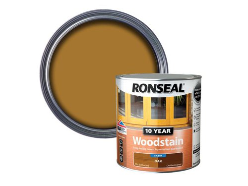 Ronseal 10 Year Woodstain offers the best protection against the weather, leaving your wood looking great for 10 years. You don't need to use any base coats or primers. It won't flake or peel. BBA approved.Suitable for all smooth planed exterior wood. Not suitable for decking.Specification:Drying Time: 1 hourCoverage: 18m² per litreThis Ronseal 10 Year Woodstain has the following specification:Colour: OakSize: 750mlDrying Time: 1 hourCoverage: 18m²/L