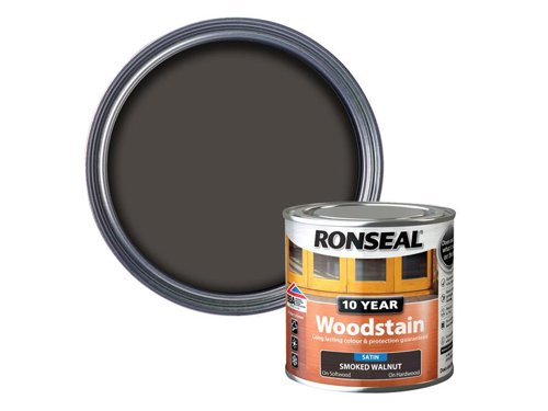 Ronseal 10 Year Woodstain offers the best protection against the weather, leaving your wood looking great for 10 years. You don't need to use any base coats or primers. It won't flake or peel. BBA approved.Suitable for all smooth planed exterior wood. Not suitable for decking.Specification:Drying Time: 1 hourCoverage: 18m² per litreThis Ronseal 10 Year Woodstain has the following specification:Colour: Smoked WalnutSize: 250mlDrying Time: 1 hourCoverage: 18m²/L
