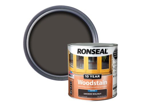 Ronseal 10 Year Woodstain offers the best protection against the weather, leaving your wood looking great for 10 years. You don't need to use any base coats or primers. It won't flake or peel. BBA approved.Suitable for all smooth planed exterior wood. Not suitable for decking.Specification:Drying Time: 1 hourCoverage: 18m² per litreThis Ronseal 10 Year Woodstain has the following specification:Colour: Smoked WalnutSize: 750mlDrying Time: 1 hourCoverage: 18m²/L