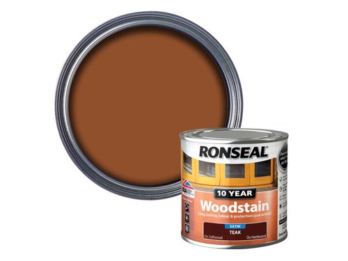 Ronseal 10 Year Woodstain offers the best protection against the weather, leaving your wood looking great for 10 years. You don't need to use any base coats or primers. It won't flake or peel. BBA approved.Suitable for all smooth planed exterior wood. Not suitable for decking.Specification:Drying Time: 1 hourCoverage: 18m² per litreThis Ronseal 10 Year Woodstain has the following specification:Colour: TeakSize: 250mlDrying Time: 1 hourCoverage: 18m²/L