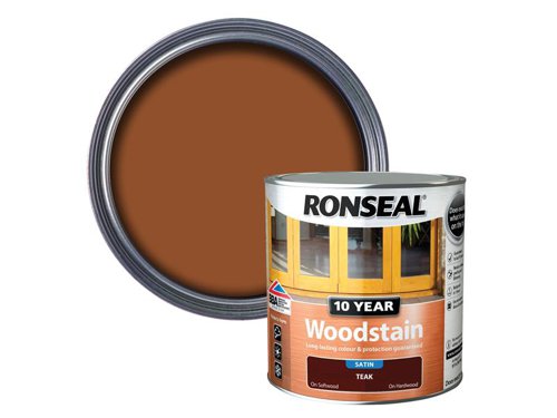 Ronseal 10 Year Woodstain offers the best protection against the weather, leaving your wood looking great for 10 years. You don't need to use any base coats or primers. It won't flake or peel. BBA approved.Suitable for all smooth planed exterior wood. Not suitable for decking.Specification:Drying Time: 1 hourCoverage: 18m² per litreThis Ronseal 10 Year Woodstain has the following specification:Colour: TeakSize: 2.5LDrying Time: 1 hourCoverage: 18m²/L