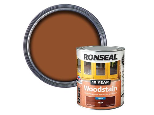 Ronseal 10 Year Woodstain offers the best protection against the weather, leaving your wood looking great for 10 years. You don't need to use any base coats or primers. It won't flake or peel. BBA approved.Suitable for all smooth planed exterior wood. Not suitable for decking.Specification:Drying Time: 1 hourCoverage: 18m² per litreThis Ronseal 10 Year Woodstain has the following specification:Colour: TeakSize: 750mlDrying Time: 1 hourCoverage: 18m²/L