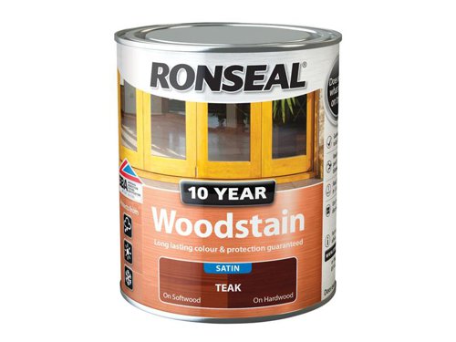 Ronseal 10 Year Woodstain offers the best protection against the weather, leaving your wood looking great for 10 years. You don't need to use any base coats or primers. It won't flake or peel. BBA approved.Suitable for all smooth planed exterior wood. Not suitable for decking.Specification:Drying Time: 1 hourCoverage: 18m² per litreThis Ronseal 10 Year Woodstain has the following specification:Colour: TeakSize: 750mlDrying Time: 1 hourCoverage: 18m²/L