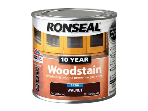 Ronseal 10 Year Woodstain offers the best protection against the weather, leaving your wood looking great for 10 years. You don't need to use any base coats or primers. It won't flake or peel. BBA approved.Suitable for all smooth planed exterior wood. Not suitable for decking.Specification:Drying Time: 1 hourCoverage: 18m² per litreThis Ronseal 10 Year Woodstain has the following specification:Colour: WalnutSize: 250mlDrying Time: 1 hourCoverage: 18m²/L