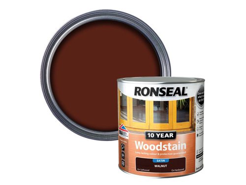 Ronseal 10 Year Woodstain offers the best protection against the weather, leaving your wood looking great for 10 years. You don't need to use any base coats or primers. It won't flake or peel. BBA approved.Suitable for all smooth planed exterior wood. Not suitable for decking.Specification:Drying Time: 1 hourCoverage: 18m² per litreThis Ronseal 10 Year Woodstain has the following specification:Colour: WalnutSize: 2.5LDrying Time: 1 hourCoverage: 18m²/L