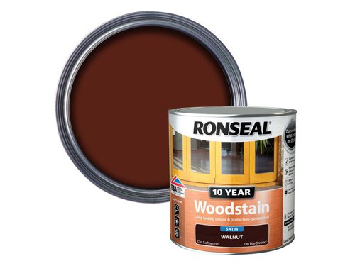 Ronseal 10 Year Woodstain offers the best protection against the weather, leaving your wood looking great for 10 years. You don't need to use any base coats or primers. It won't flake or peel. BBA approved.Suitable for all smooth planed exterior wood. Not suitable for decking.Specification:Drying Time: 1 hourCoverage: 18m² per litreThis Ronseal 10 Year Woodstain has the following specification:Colour: WalnutSize: 750mlDrying Time: 1 hourCoverage: 18m²/L