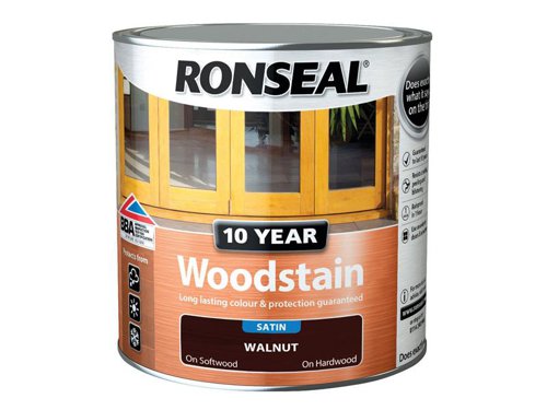 Ronseal 10 Year Woodstain offers the best protection against the weather, leaving your wood looking great for 10 years. You don't need to use any base coats or primers. It won't flake or peel. BBA approved.Suitable for all smooth planed exterior wood. Not suitable for decking.Specification:Drying Time: 1 hourCoverage: 18m² per litreThis Ronseal 10 Year Woodstain has the following specification:Colour: WalnutSize: 750mlDrying Time: 1 hourCoverage: 18m²/L