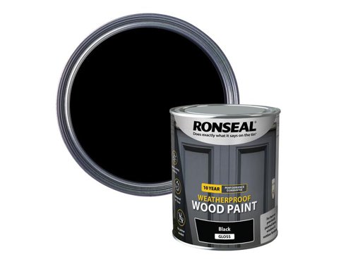Ronseal 10 Year Weatherproof 2-in-1 Primer & Wood Paint protects your exterior wood for up to 10 years. You don’t need a primer either, so you can get the job done quickly and you won’t have to do it again anytime soon.Guaranteed not to crack, peel or blister for 10 years. Weatherproof in one hour. Paints up to 12m2 per litre.This Ronseal 10 Year Weatherproof Wood Paint has the following specification:Colour & Finish: Black GlossSize: 750ml