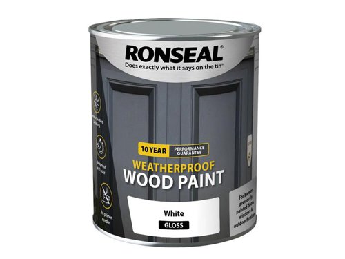 Ronseal 10 Year Weatherproof 2-in-1 Primer & Wood Paint protects your exterior wood for up to 10 years. You don’t need a primer either, so you can get the job done quickly and you won’t have to do it again anytime soon.Guaranteed not to crack, peel or blister for 10 years. Weatherproof in one hour. Paints up to 12m2 per litre.This Ronseal 10 Year Weatherproof Wood Paint has the following specification:Colour & Finish: White GlossSize: 750ml