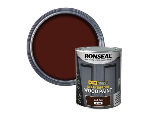 Ronseal 10 Year Weatherproof 2-in-1 Primer & Wood Paint protects your exterior wood for up to 10 years. You don’t need a primer either, so you can get the job done quickly and you won’t have to do it again anytime soon.Guaranteed not to crack, peel or blister for 10 years. Weatherproof in one hour. Paints up to 12m2 per litre.This Ronseal 10 Year Weatherproof Wood Paint has the following specification:Colour & Finish: Dark Oak GlossSize: 750ml