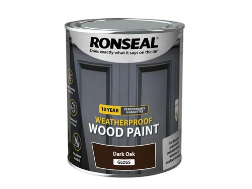 Ronseal 10 Year Weatherproof 2-in-1 Primer & Wood Paint protects your exterior wood for up to 10 years. You don’t need a primer either, so you can get the job done quickly and you won’t have to do it again anytime soon.Guaranteed not to crack, peel or blister for 10 years. Weatherproof in one hour. Paints up to 12m2 per litre.This Ronseal 10 Year Weatherproof Wood Paint has the following specification:Colour & Finish: Dark Oak GlossSize: 750ml