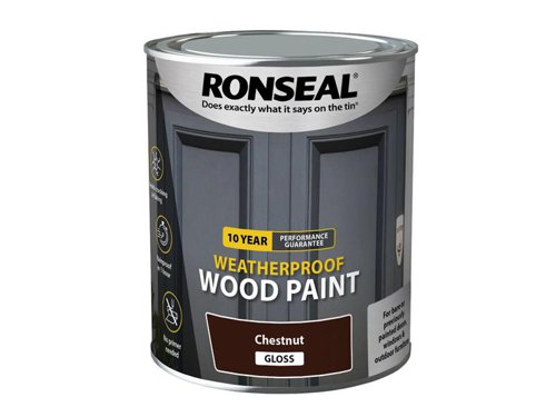 Ronseal 10 Year Weatherproof 2-in-1 Primer & Wood Paint protects your exterior wood for up to 10 years. You don’t need a primer either, so you can get the job done quickly and you won’t have to do it again anytime soon.Guaranteed not to crack, peel or blister for 10 years. Weatherproof in one hour. Paints up to 12m2 per litre.This Ronseal 10 Year Weatherproof Wood Paint has the following specification:Colour & Finish: Chestnut GlossSize: 750ml